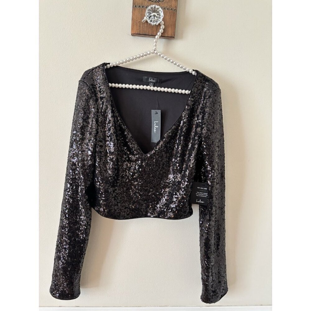 NWT Lulus Womens Size XL Black Sequin Crop Top Long Sleeve V-Neck Side Zip